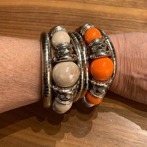 Bracelet, fashion, silver and orange coil, large scale, boho, native, cowgirl - Picture 4 of 16
